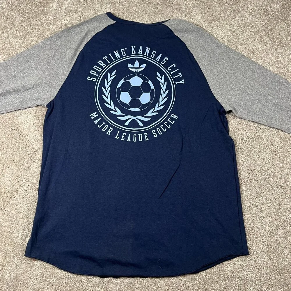 Adidas Mens L Blue Gray Sporting Kansas City MLS Soccer Raglan Sleeve Jersey NWT - Picture 2 of 7